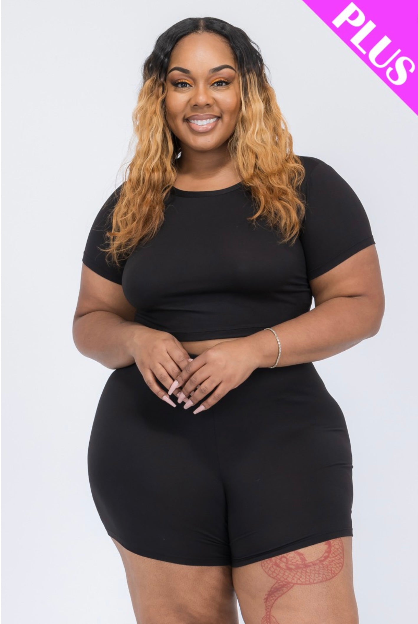 Plus Size Short Sleeve Crop Top & Biker Shorts Set