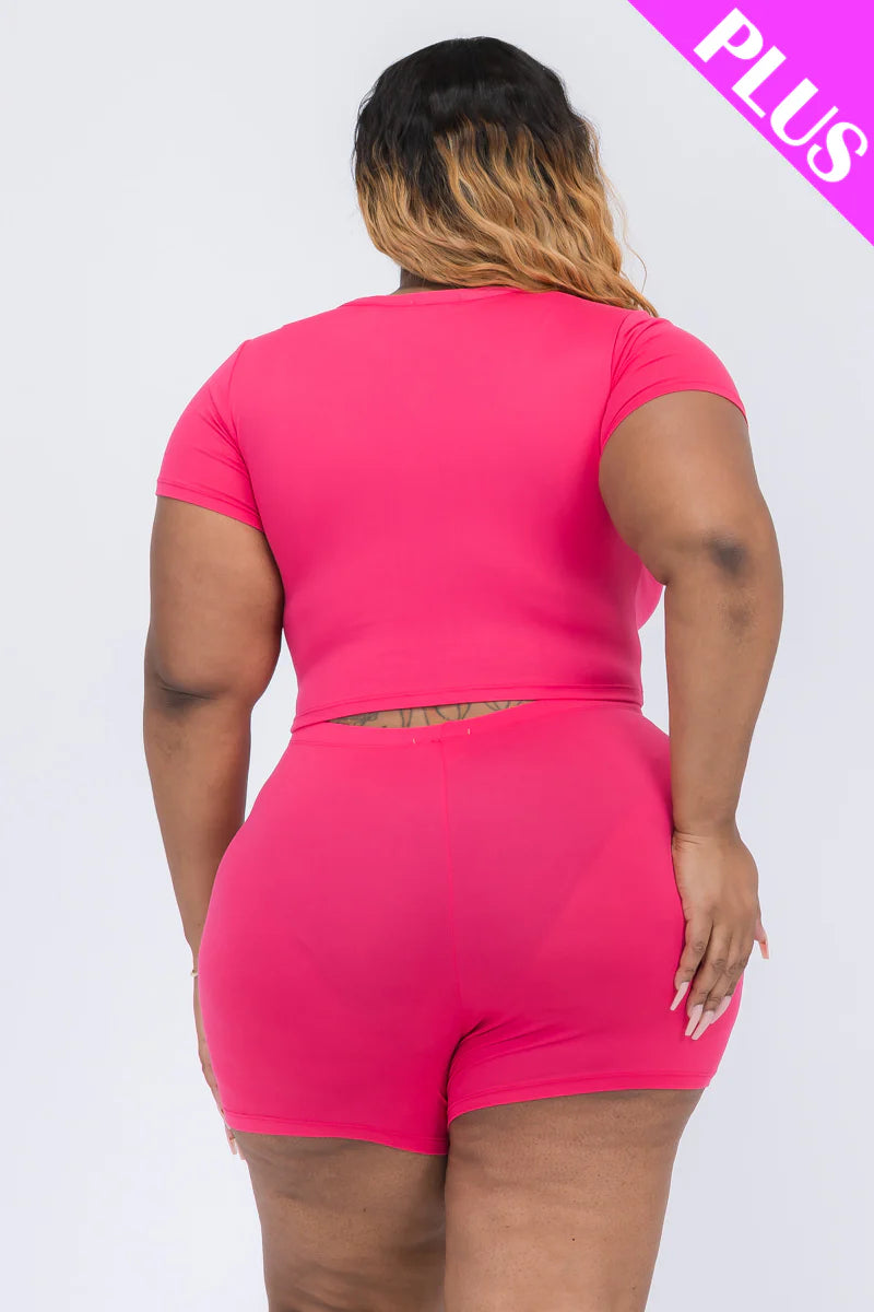 Plus Size Short Sleeve Crop Top & Biker Shorts Set