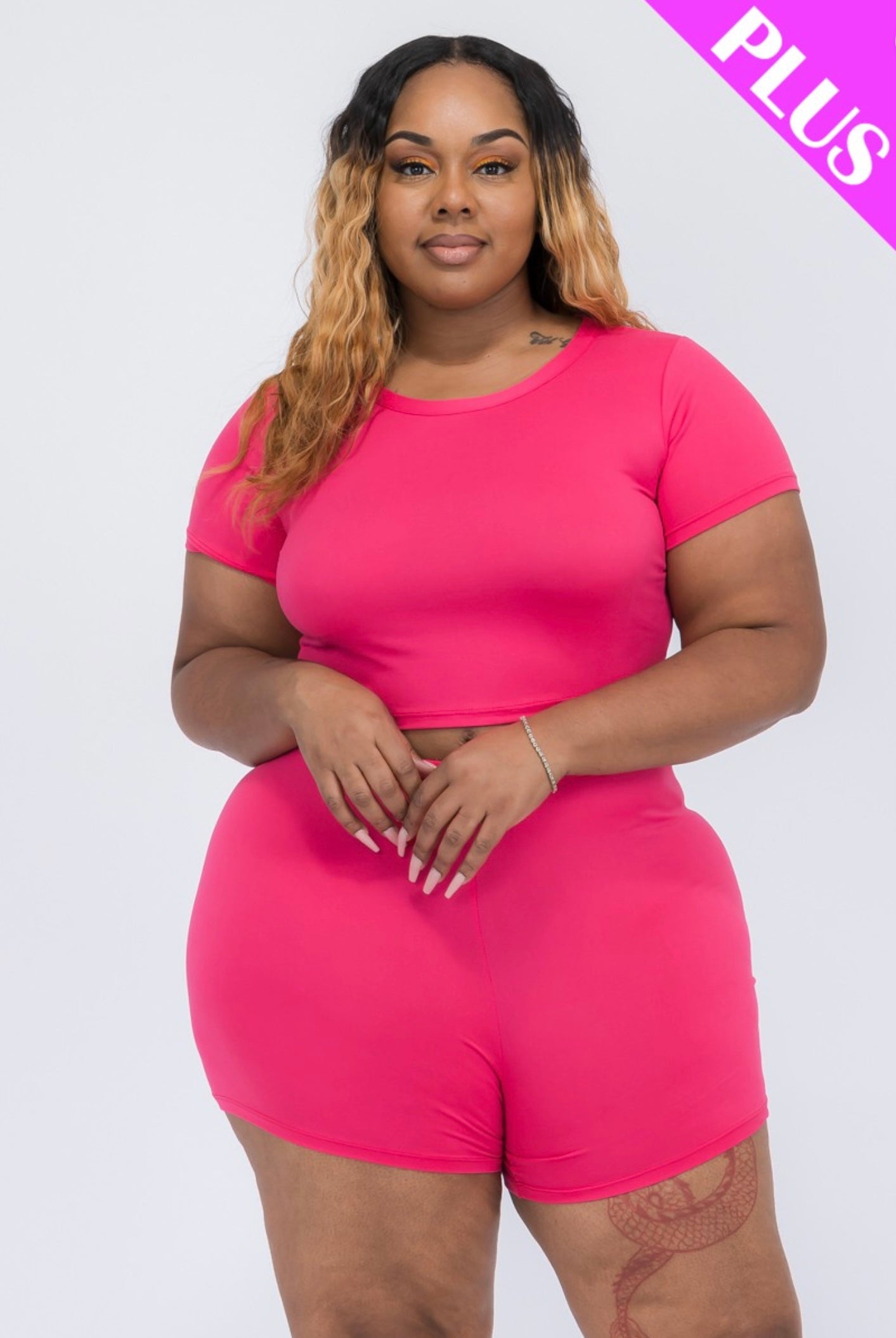Plus Size Short Sleeve Crop Top & Biker Shorts Set