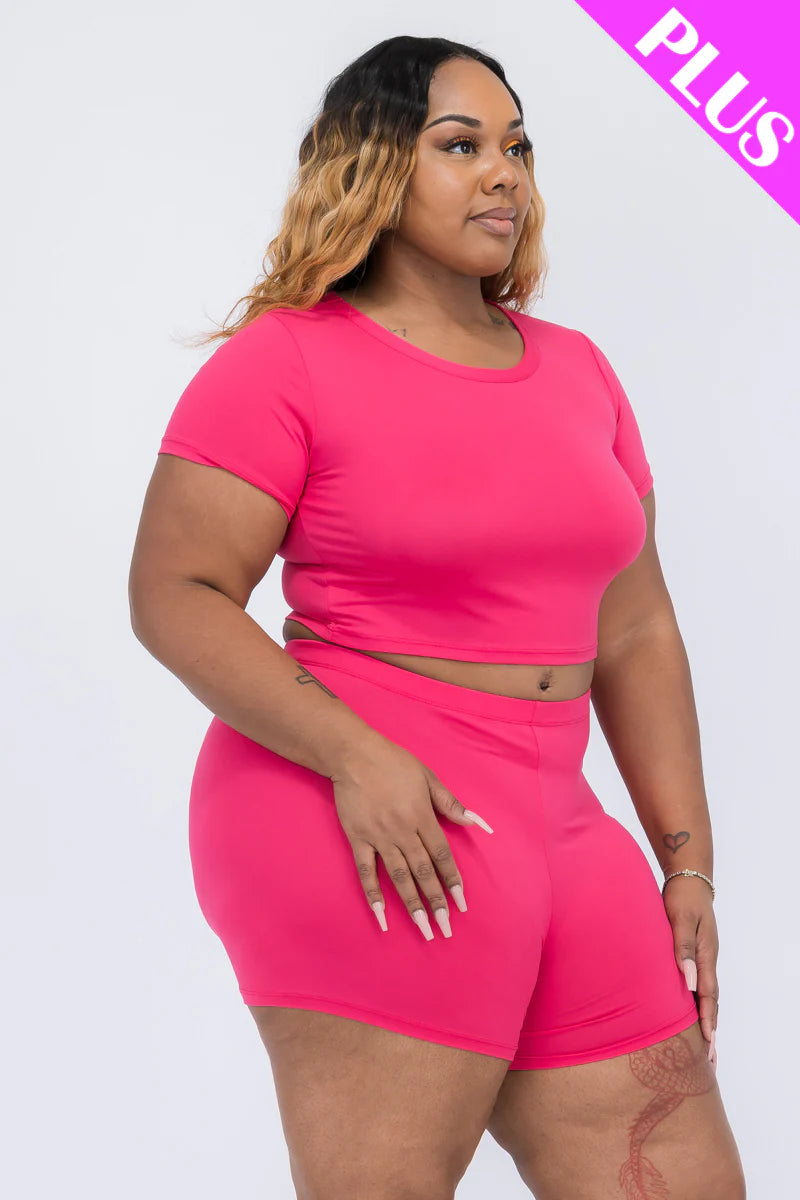 Plus Size Short Sleeve Crop Top & Biker Shorts Set