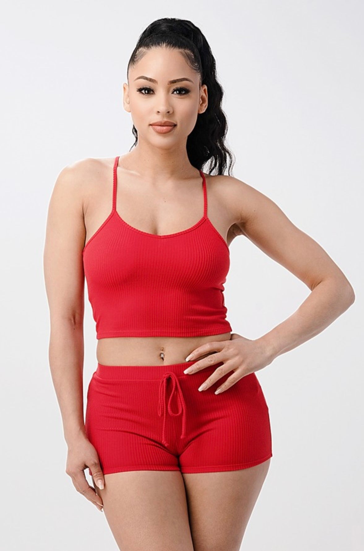 Knit Spaghetti Strap Racer Back Tank Top Short Set