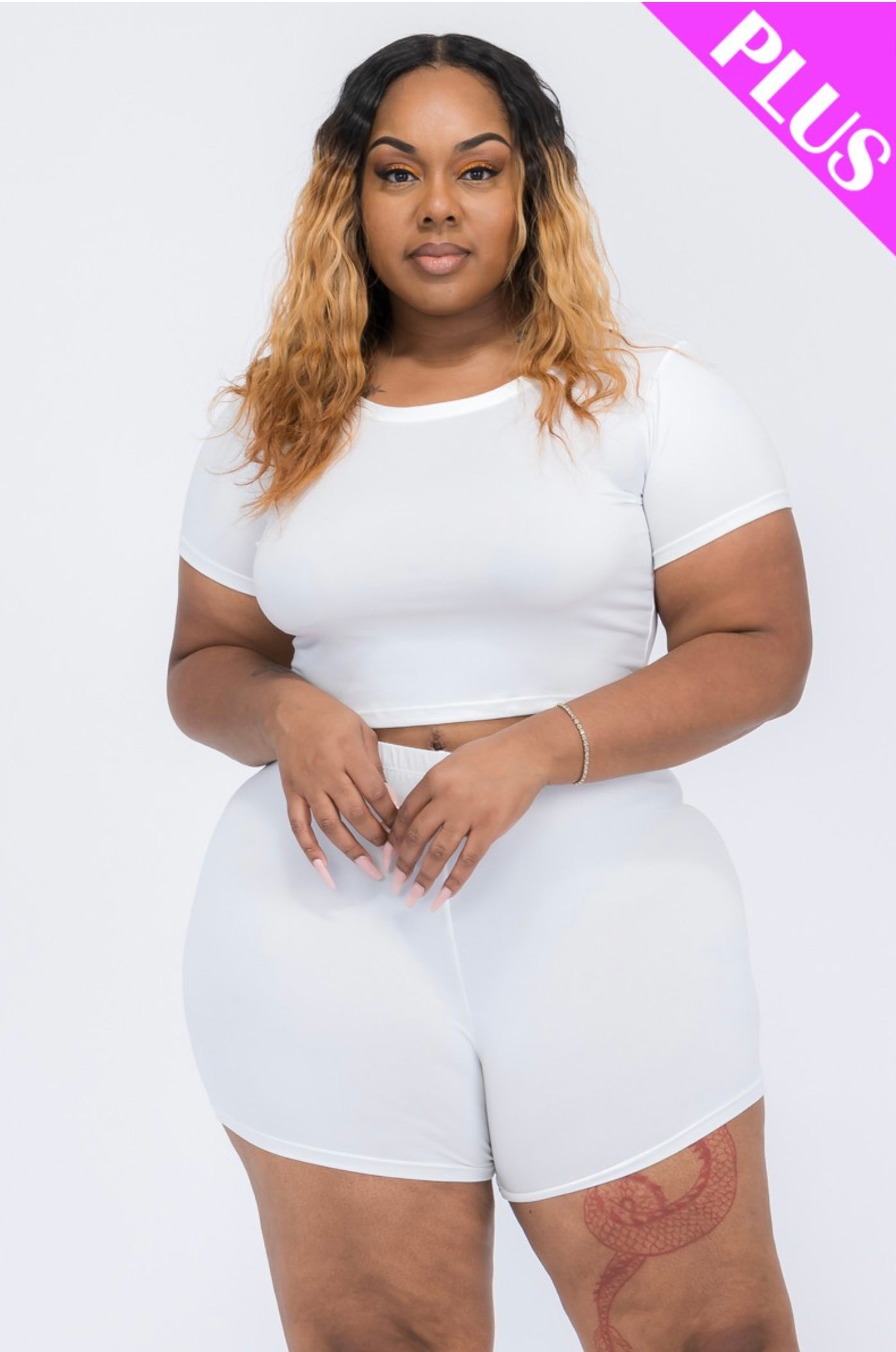 Plus Size Short Sleeve Crop Top & Biker Shorts Set