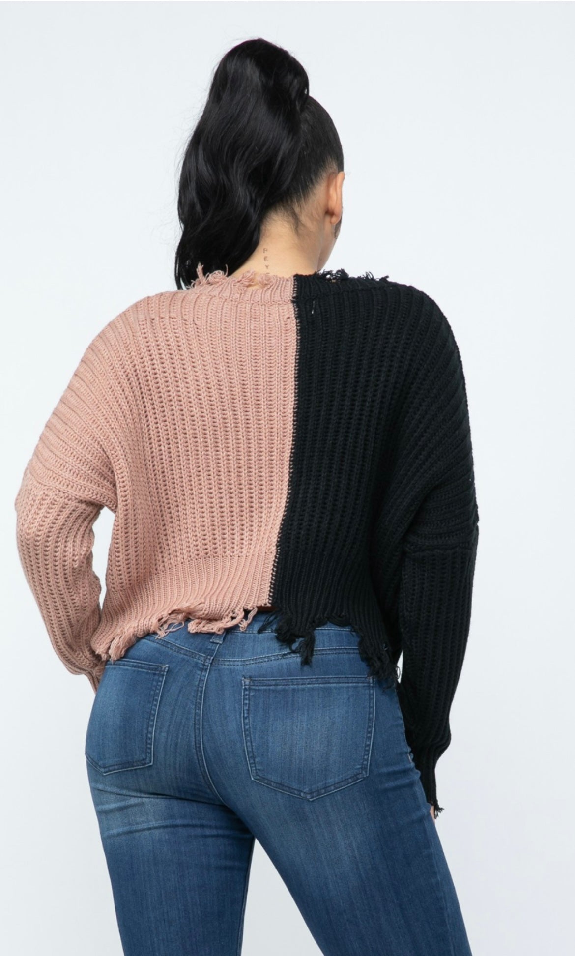 Half And Half Color Block Distressed Sweater