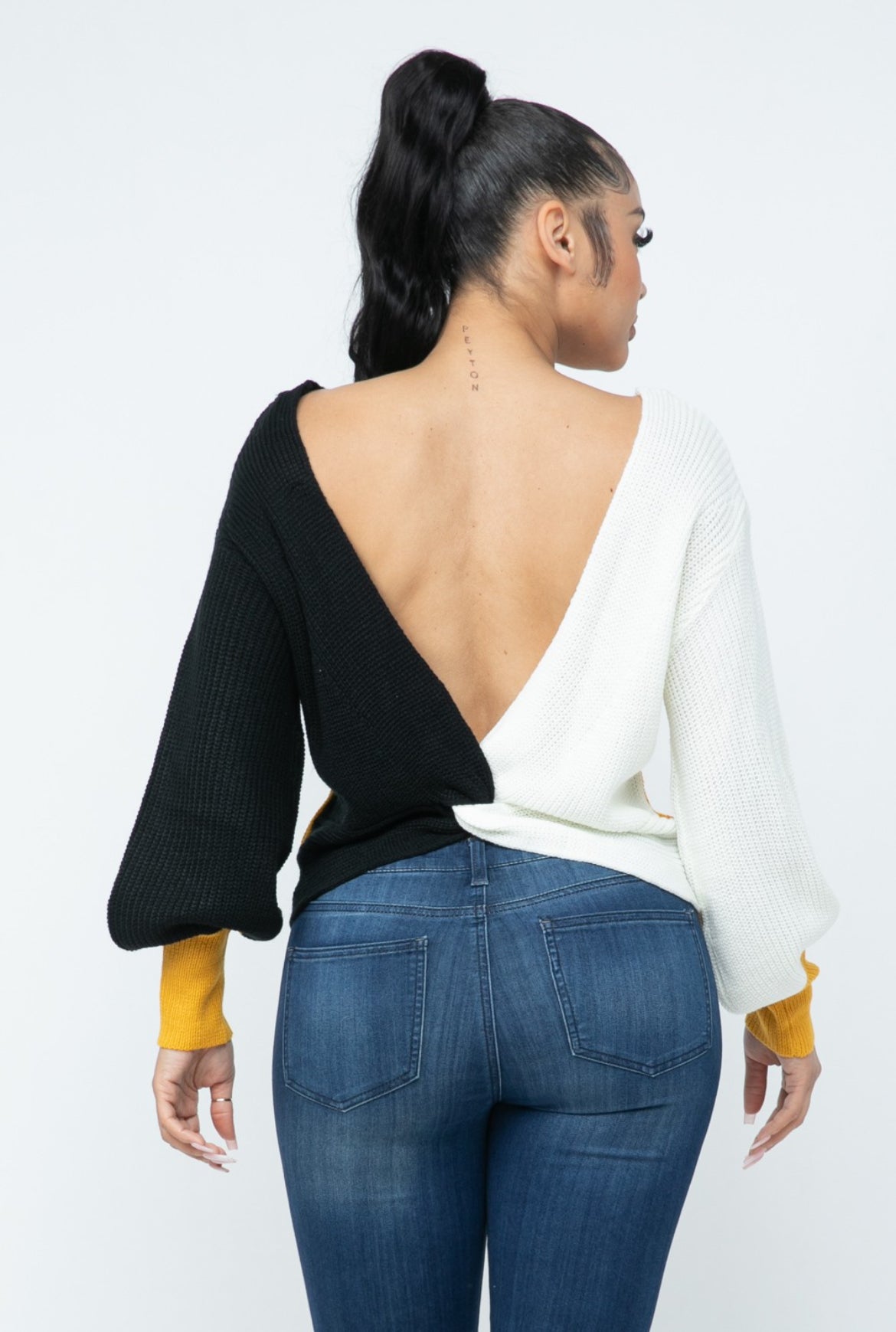 Color Block Twisted Open Back Loose Fit Sweater